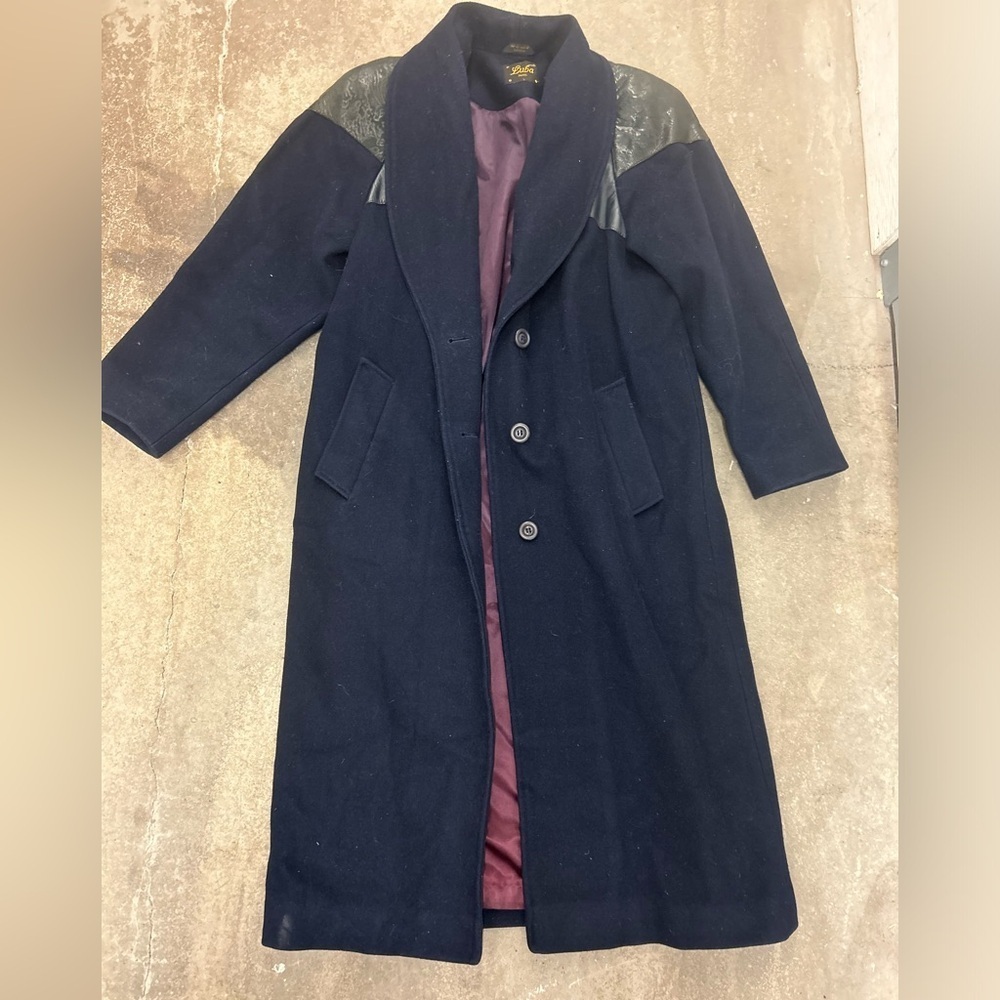 Vintage Luba paris navy virgin wool maxi pearl coat‎ with leather accents